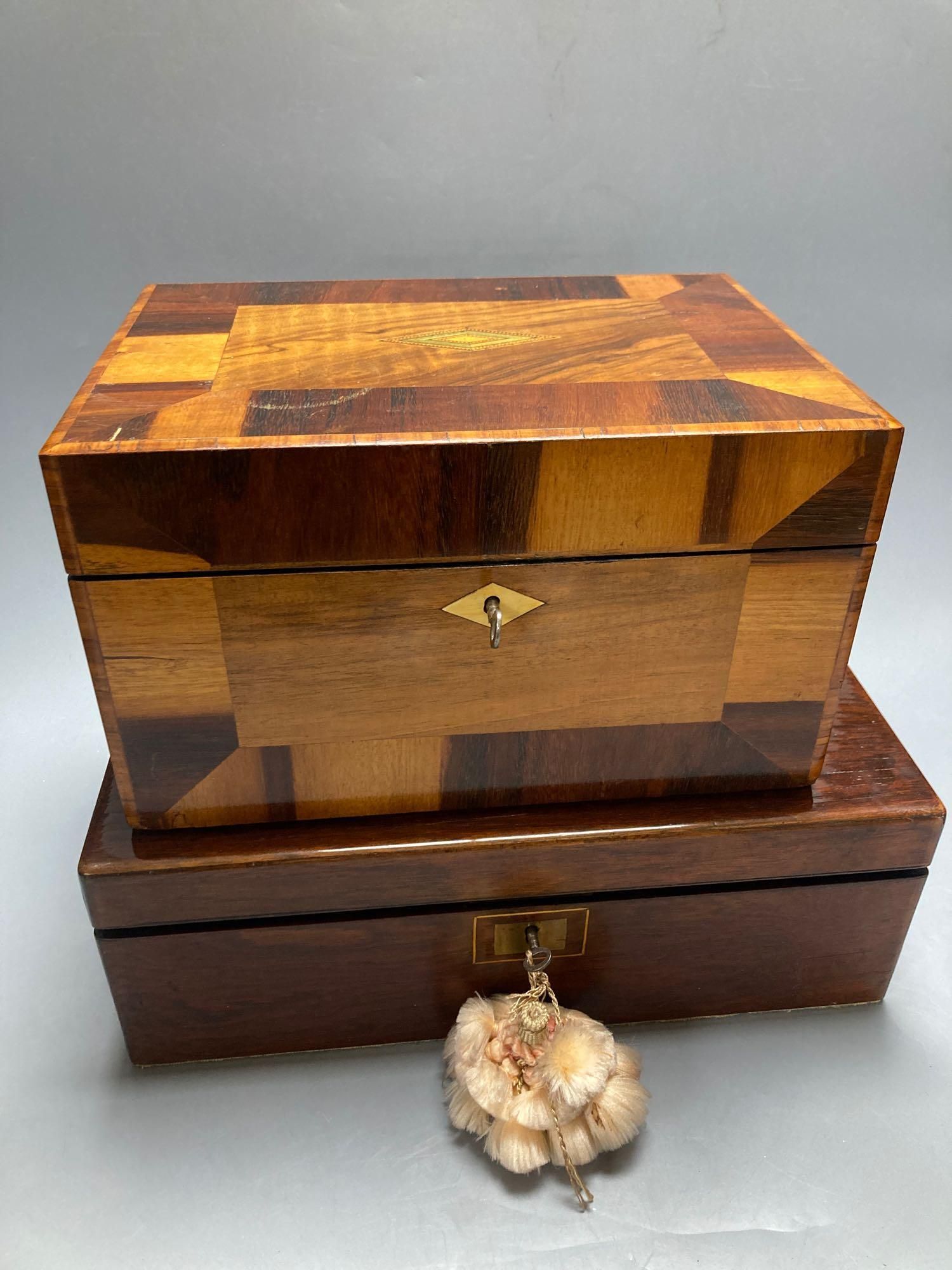 A Victorian crossbanded parquetry work box, 28cm and a rosewood writing slope